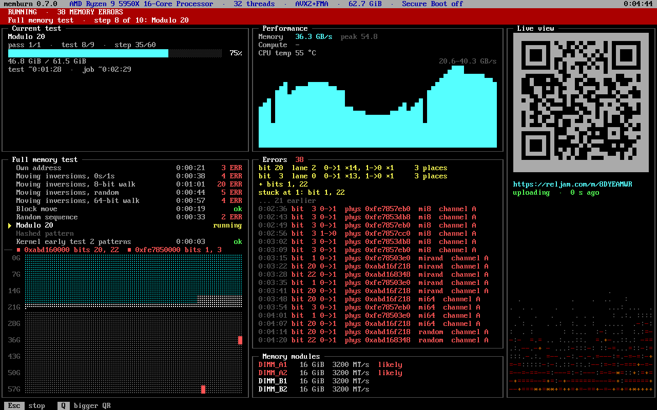 The text dashboard of the Windows and Linux programs during a failing full memory test
