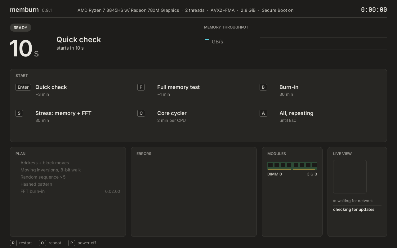 memburn start menu: the quick check starts in 10 s; keys Enter, F, B, S, C and A pick a mode